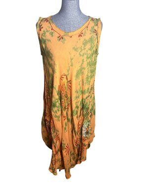 Rebel Love Dress Embroidered Yellow Green Tie Dye Sleeveless Midi Artsy Hippie